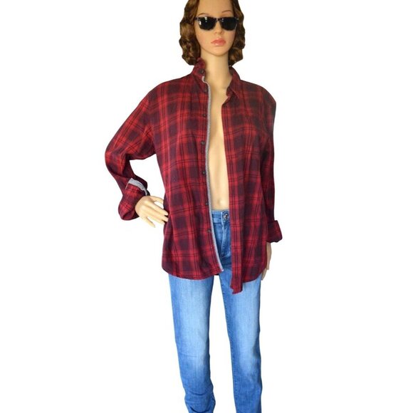 American Rag Red Black Plaid Men's Cotton Button Down Size Medium Fall Western - Picture 1 of 7